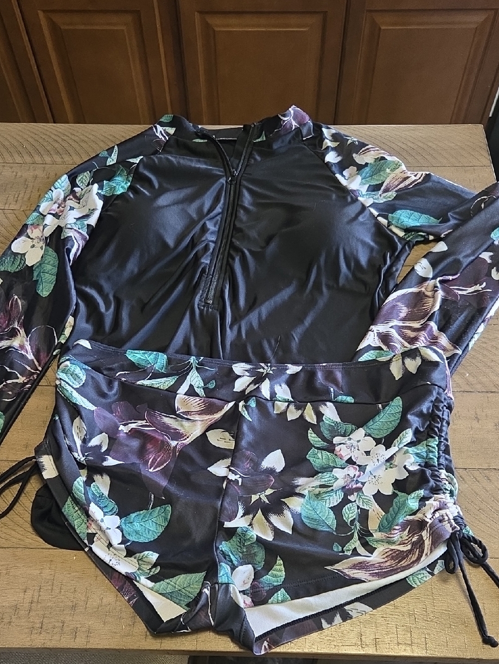 2 Piece Swim Suit Black with Green Floral Print